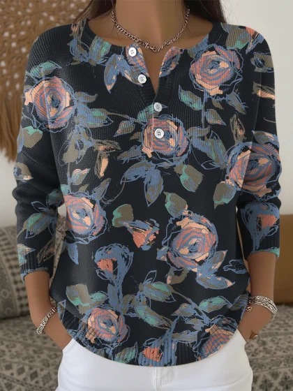 Women's Floral Print Button-Up Sweatshirt