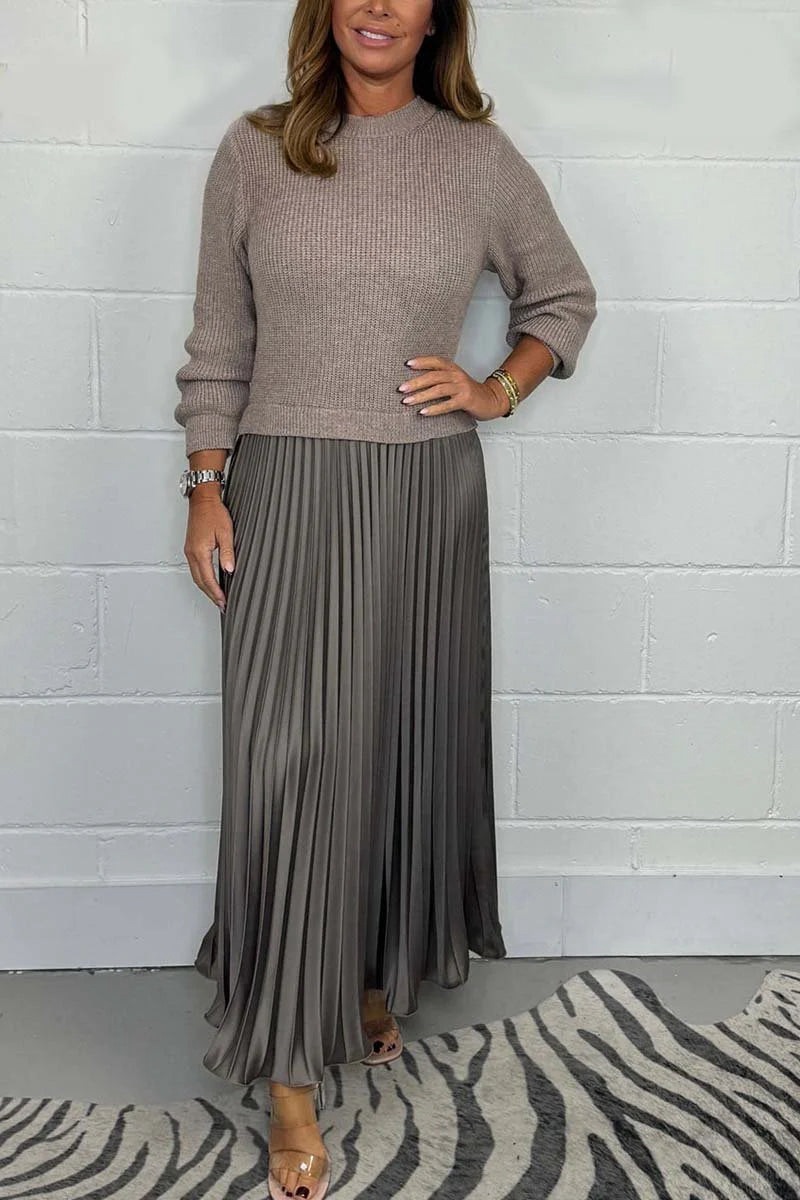 Women's Solid Color Knit Long Sleeve Pleated A-Line Dress