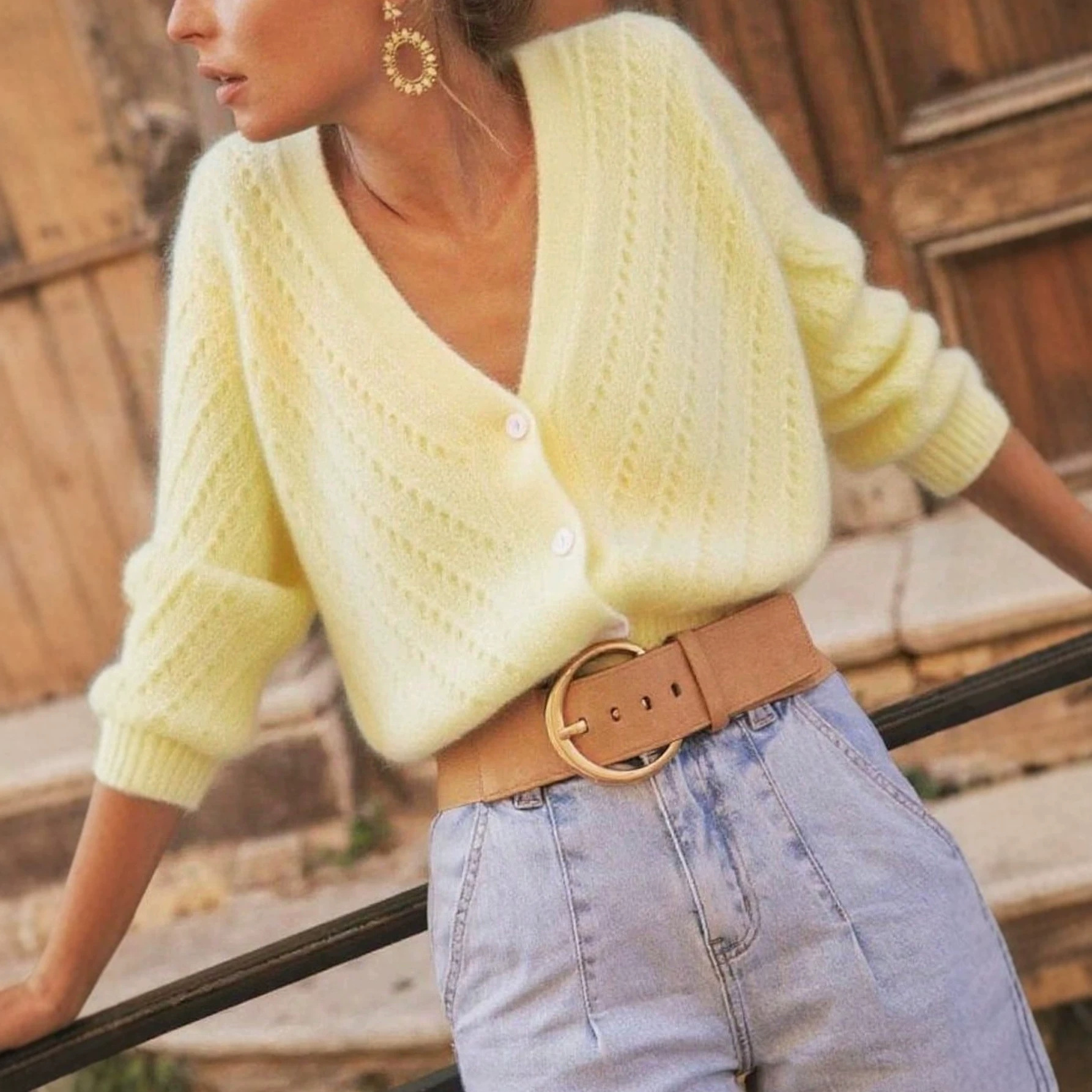 Soft Cream Yellow V-Neck Openwork Knit Cardigan with Puff Sleeves