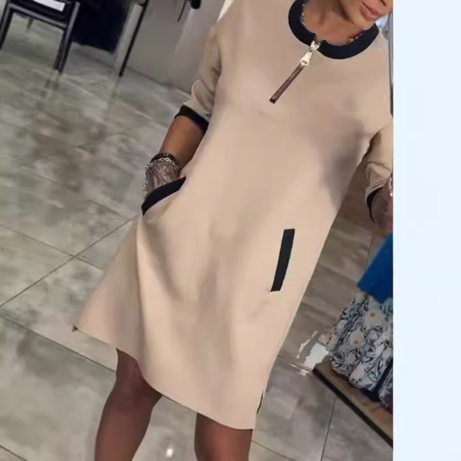 V-Neck Zip Midi A-Line Dress with Three-Quarter Sleeves