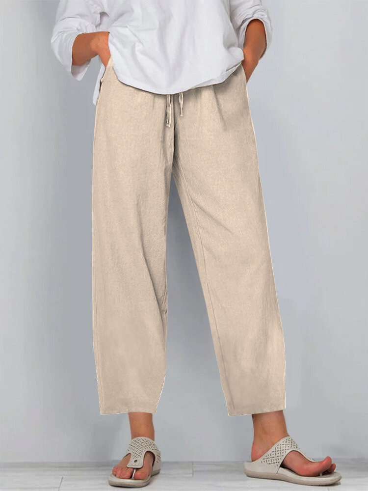 Women's Cotton-Linen Wide-Leg Pants with Elastic Waist Solid Color Casual Long Pants