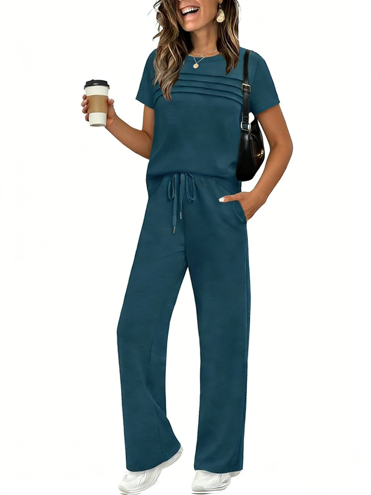Women's Short Sleeve T-Shirt & Wide Leg Pants Set Casual Solid Color
