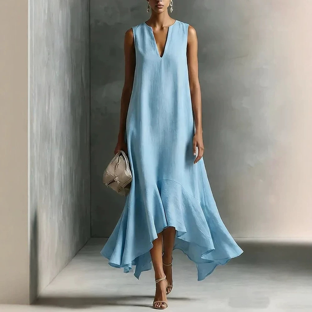 V-Neck Sleeveless Solid Color Asymmetrical Hem Long Dress