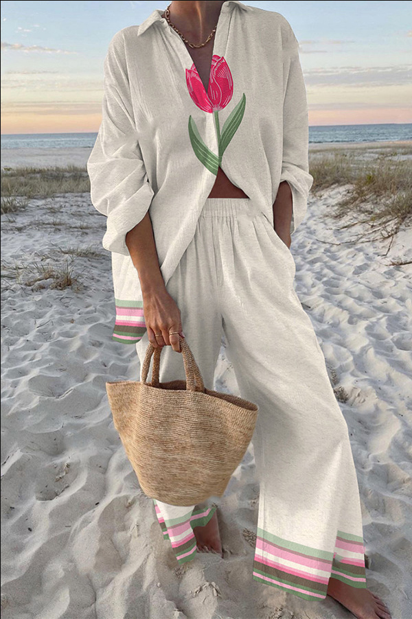 Women's Long Sleeve Collared Printed Shirt Set Casual Vacation Loungewear