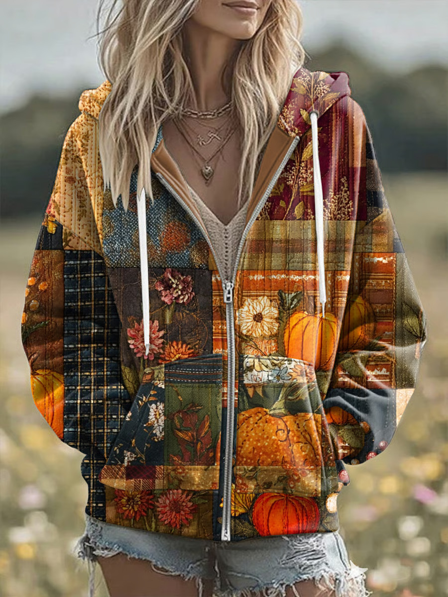 Women's Floral Pumpkin Print Zip-Up Hoodie