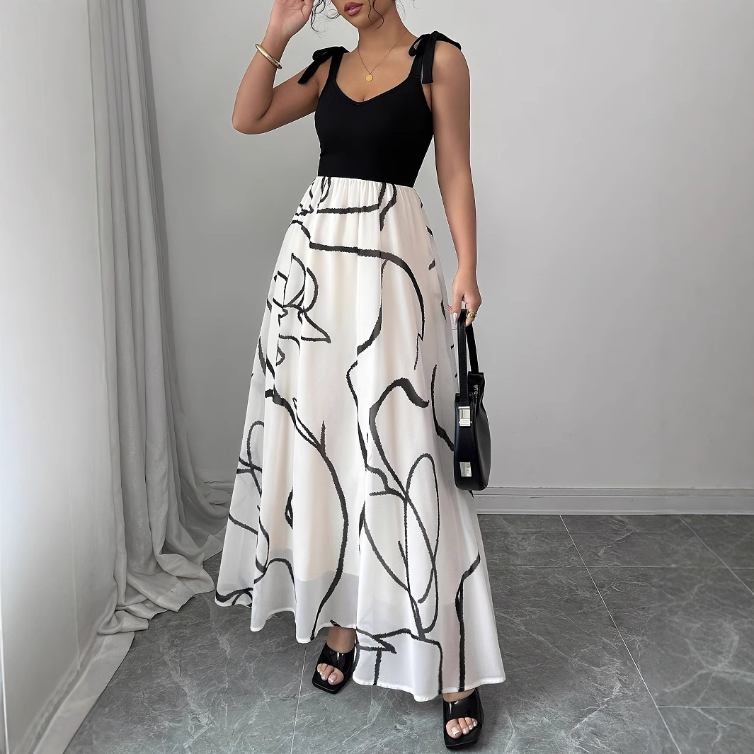 Elegant Floral Print Long Dress Short Sleeve V-Neck A-Line