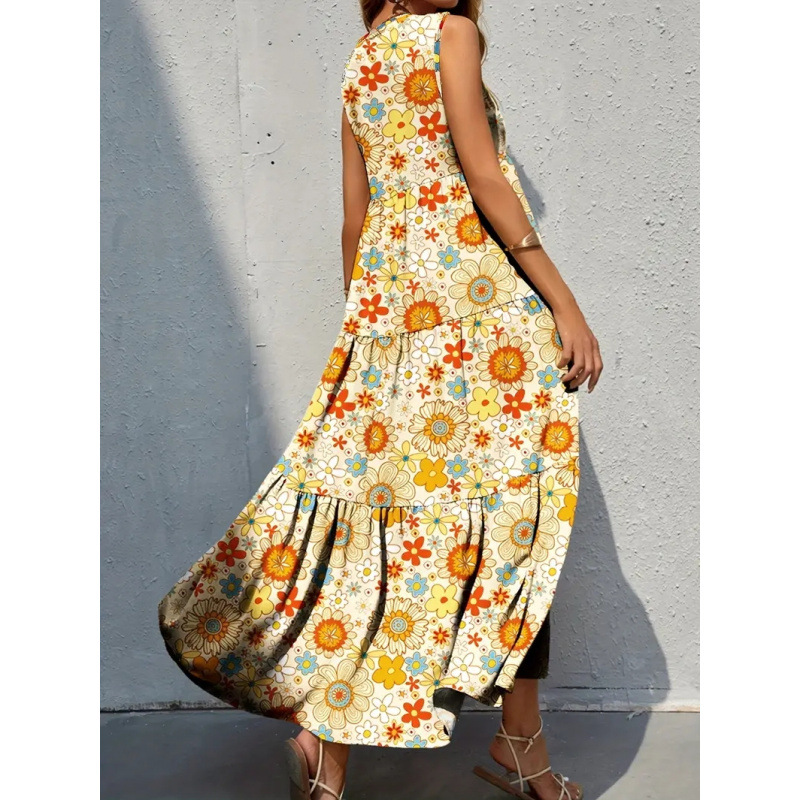 Floral Print Sleeveless High Neck High Waist Maxi Dress