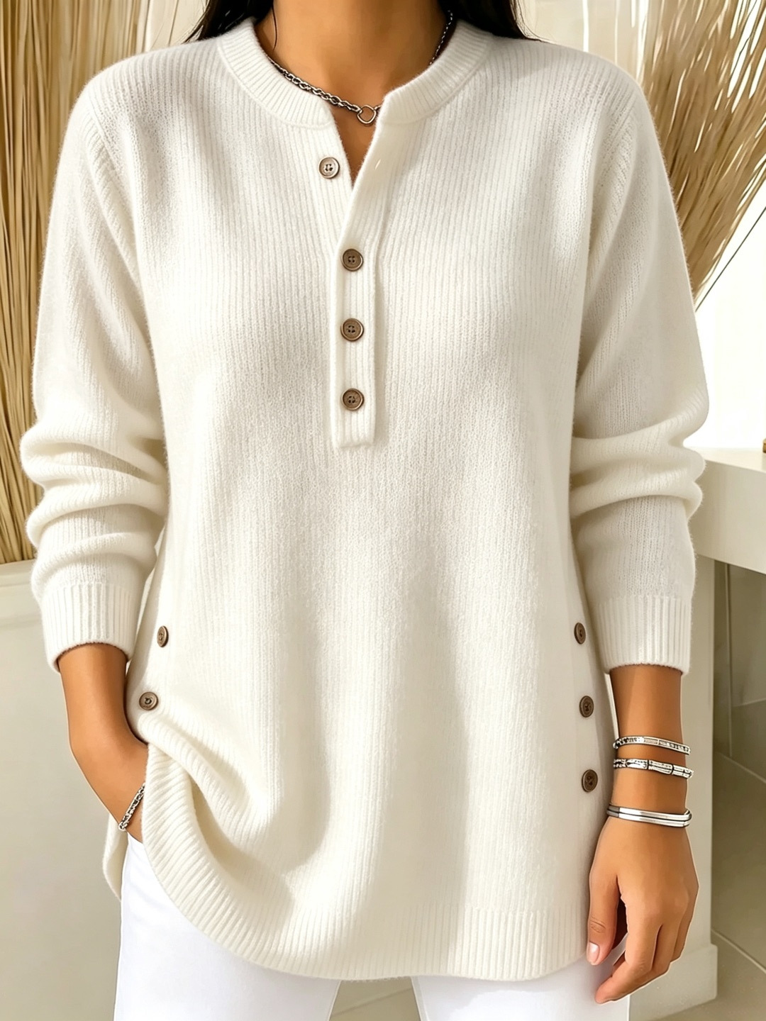 Women's V-Neck Button Knit Sweater Solid Color Loose Fit Top