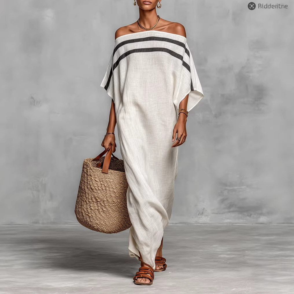 Striped Off-Shoulder Linen Dress Women's Summer Casual Long Dress