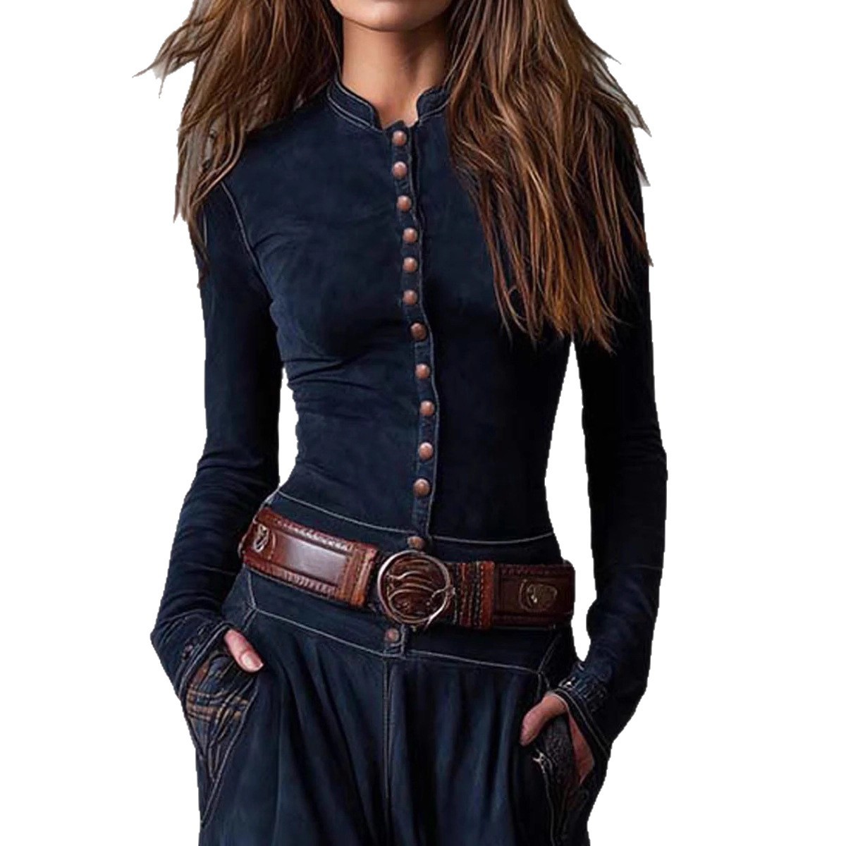 Suede Plaid Patchwork Vintage Dress with Pockets, Button & Belt