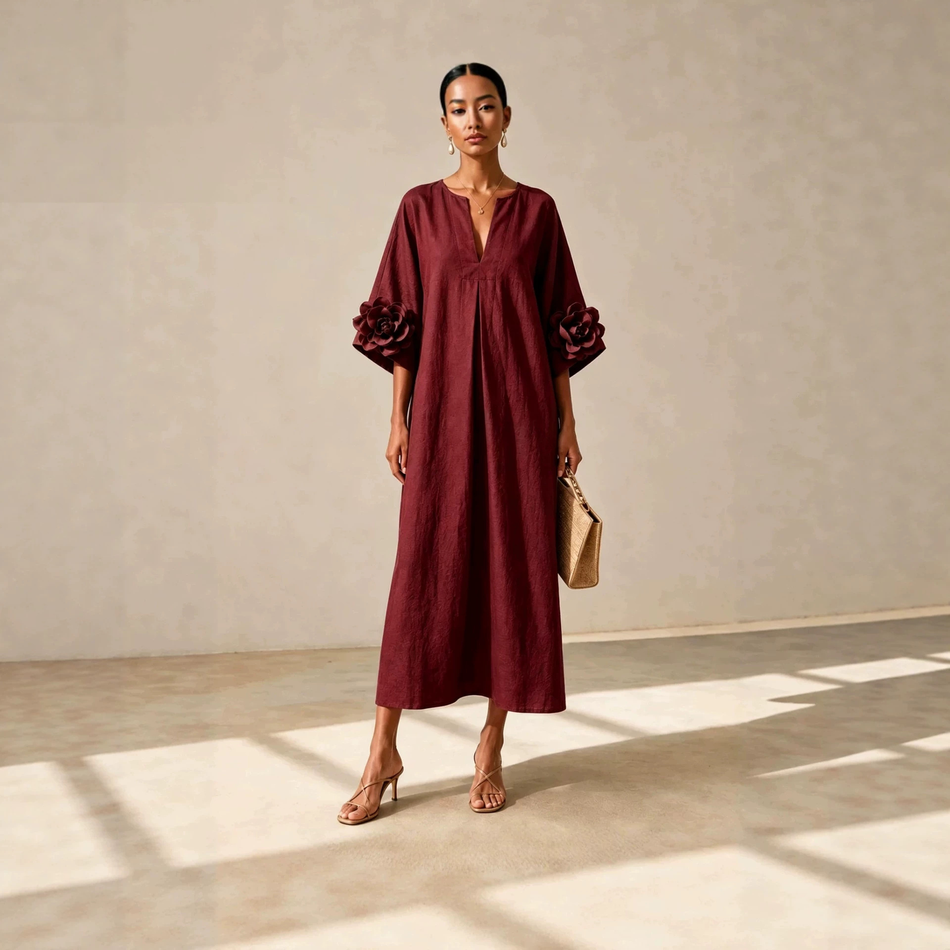 V-Neck Floral Midi Dress with Flared Sleeves