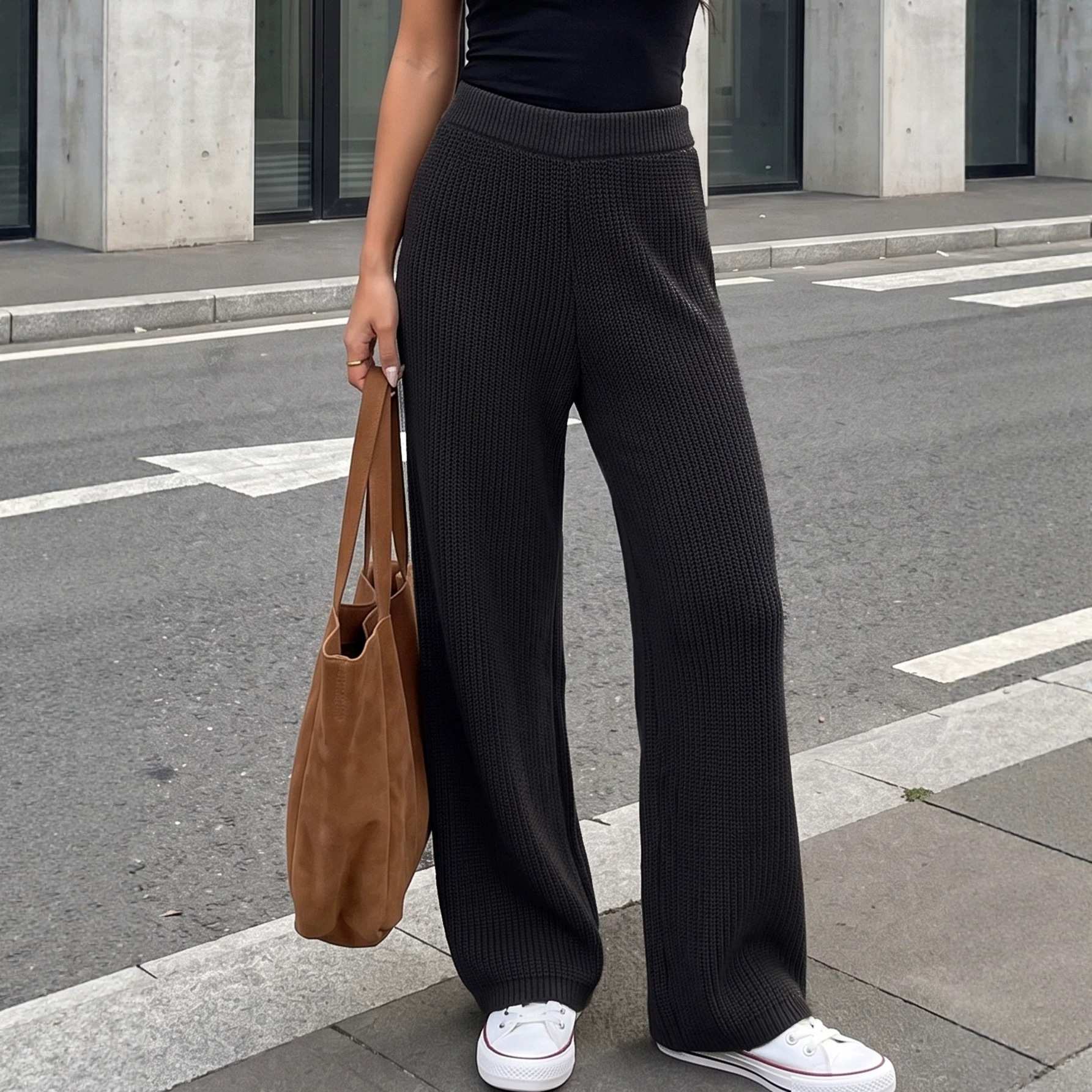 Women's Ribbed Knit Straight-Leg Wide-Leg Pants Mid-High Waist