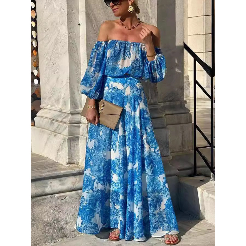 Off-Shoulder Floral Print High-Waist Elegant Midi Dress