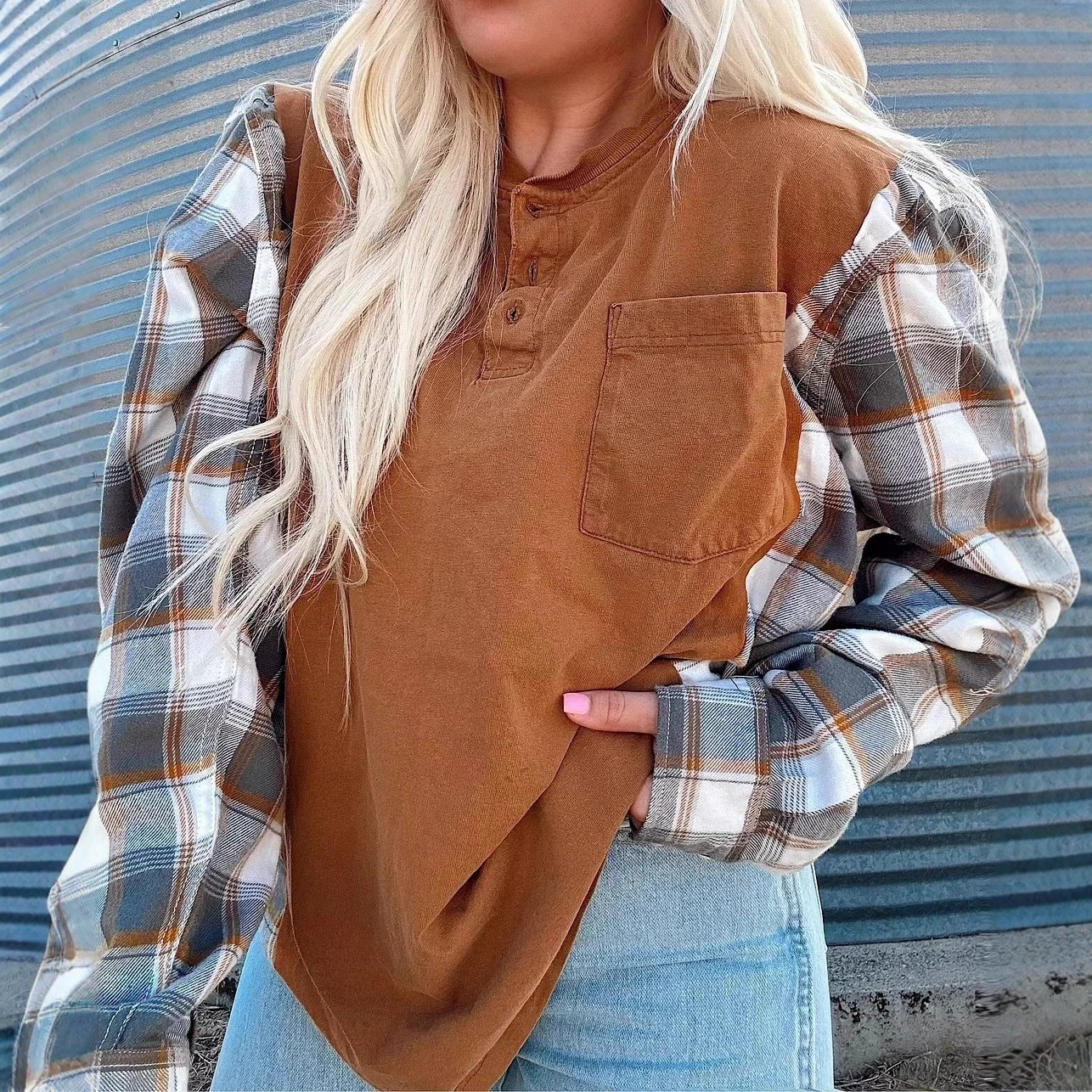 Women's Casual Half-Open Collar Plaid Spliced Sweatshirt