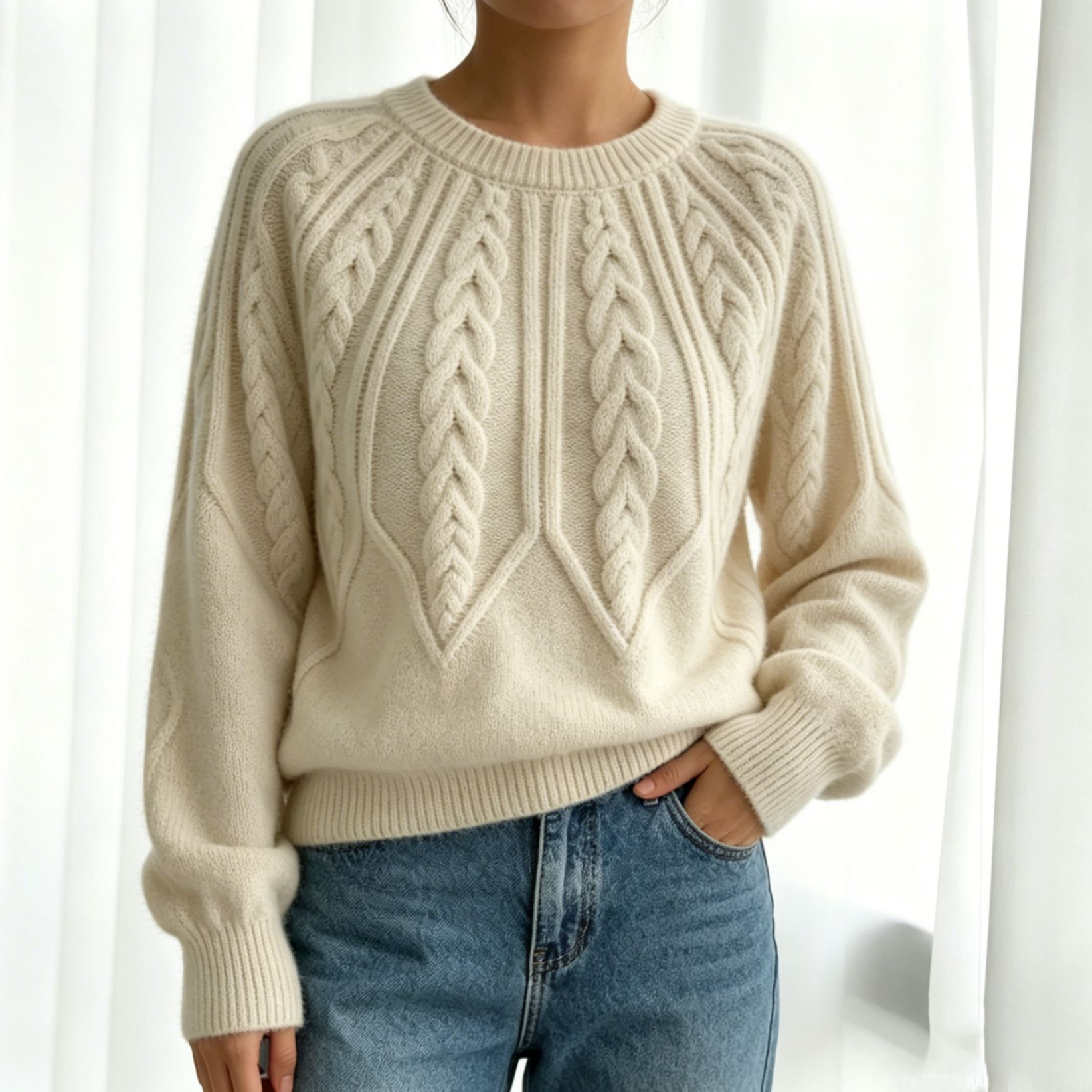 Women's Cable-Knit Crewneck Pullover Sweater Long-Sleeve Solid Color