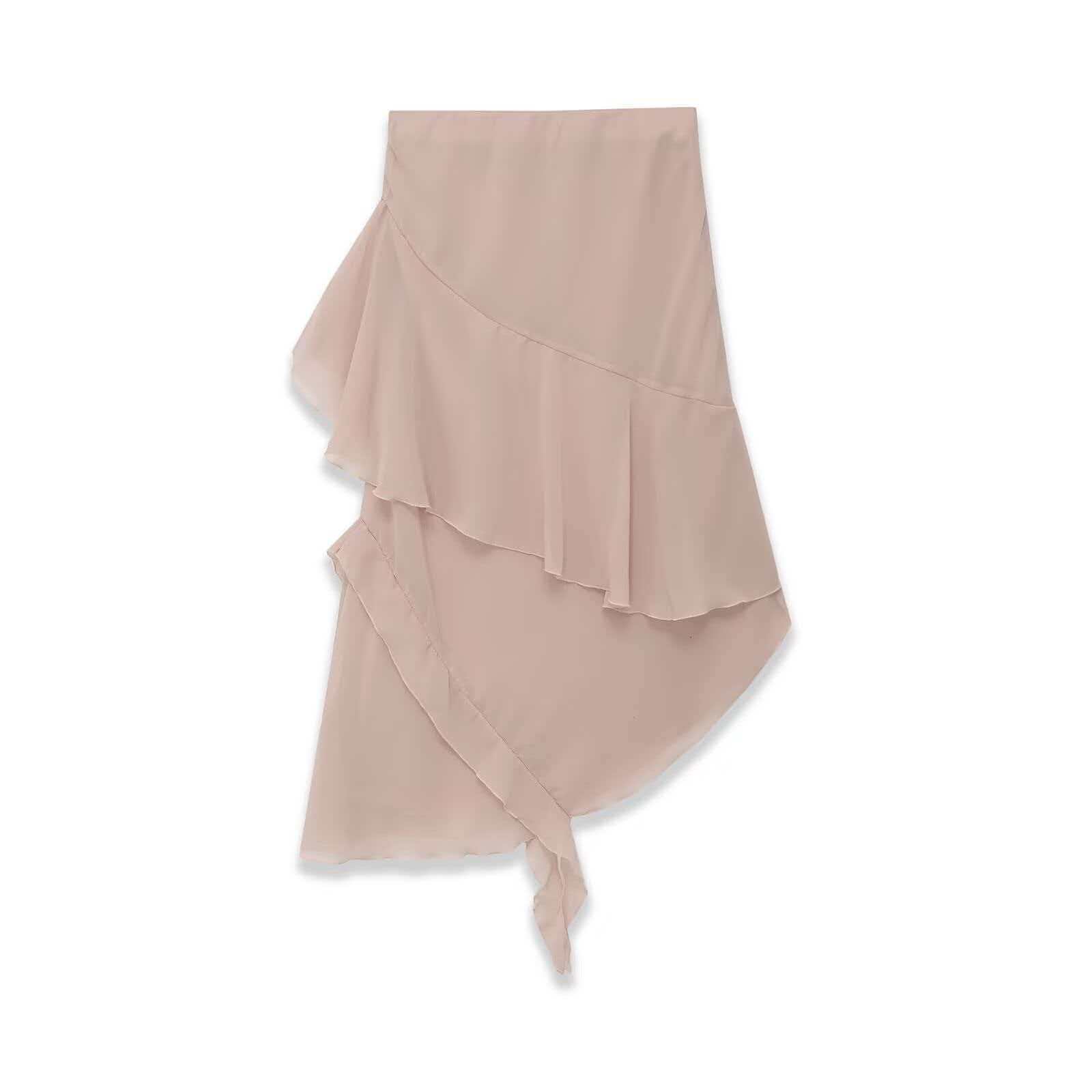 Women's Nude Pink Ruched T-Shirt and Ruffle Midi Skirt Set