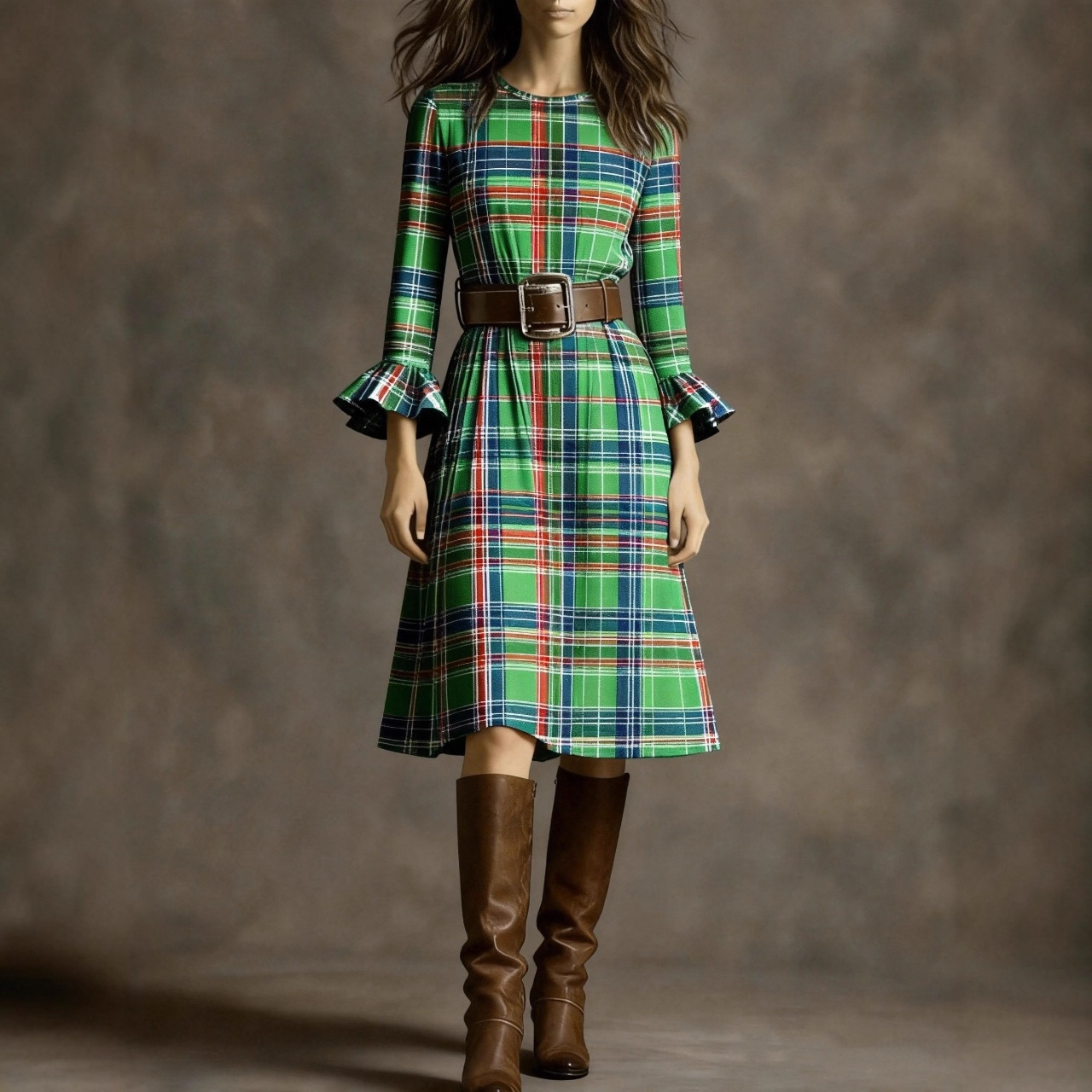 French Vintage Plaid Flare-Sleeve Midi Dress