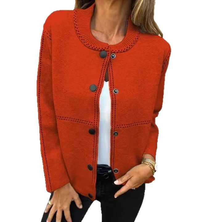 Striped Loose Crewneck Button-Front Long-Sleeve Cardigan Sweater