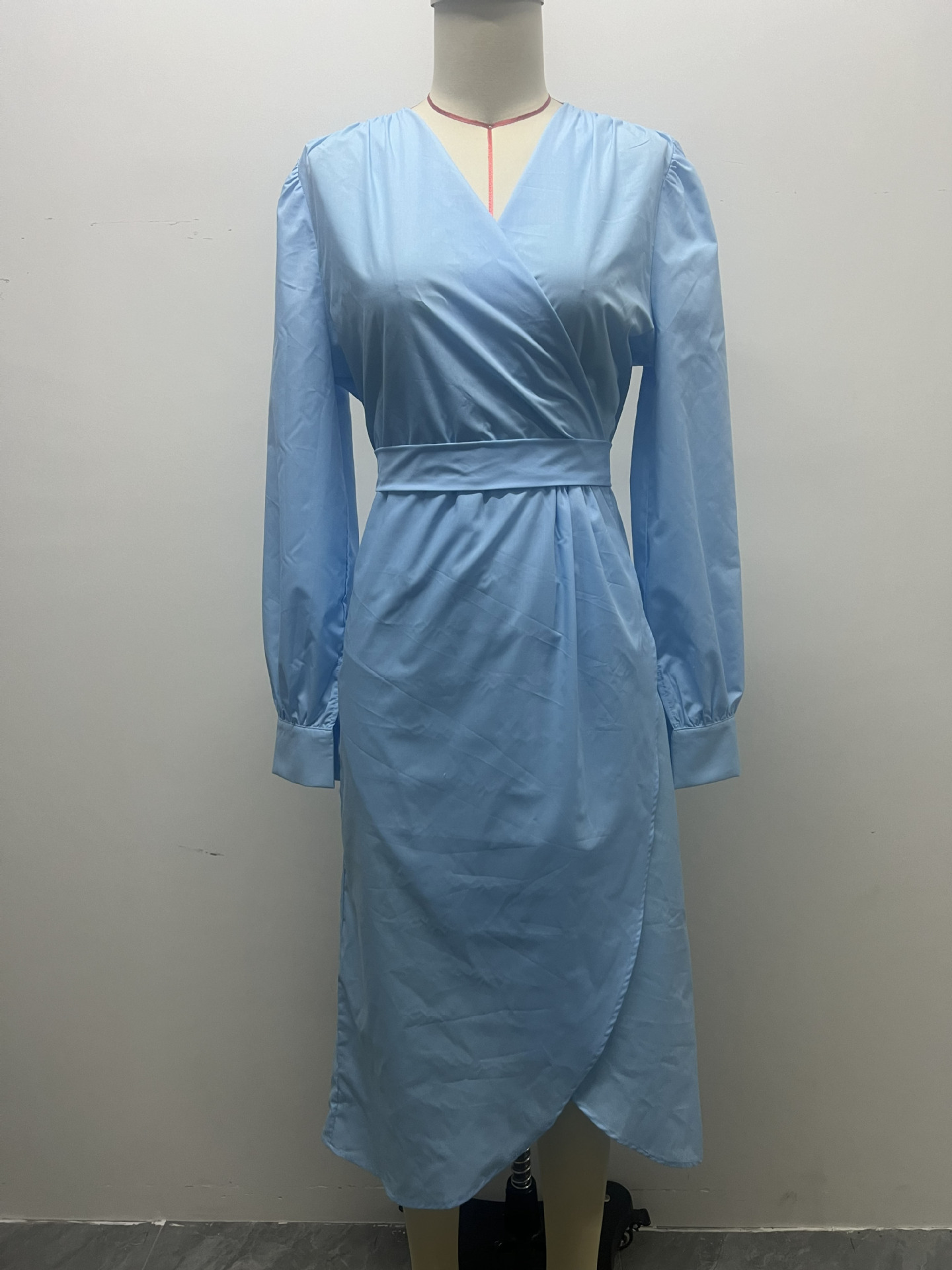 Women's Solid V-Neck Long Sleeve A-Line Midi Dress with Tie Waist