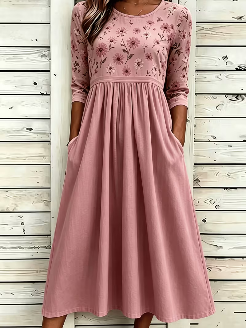 Women's Floral Print Pleated Midi Dress Round Neck Five-Sleeve Slim Fit