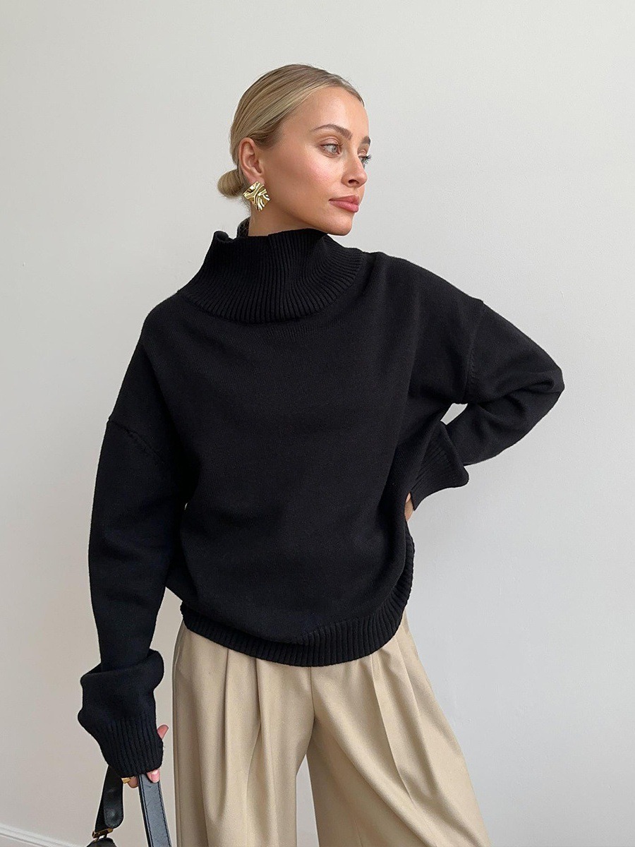 Women's Loose High Neck Solid Color Pullover Knit Sweater