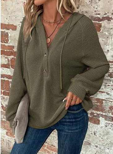 Women's Solid Color Long Sleeve V-Neck Hooded Button Sweatshirt