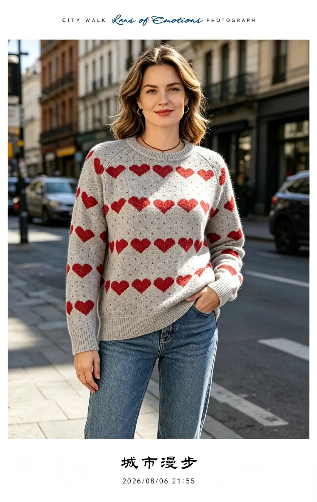 Heart Jacquard Knit Cardigan Wool-Blend V-Neck Loose Casual Sweater