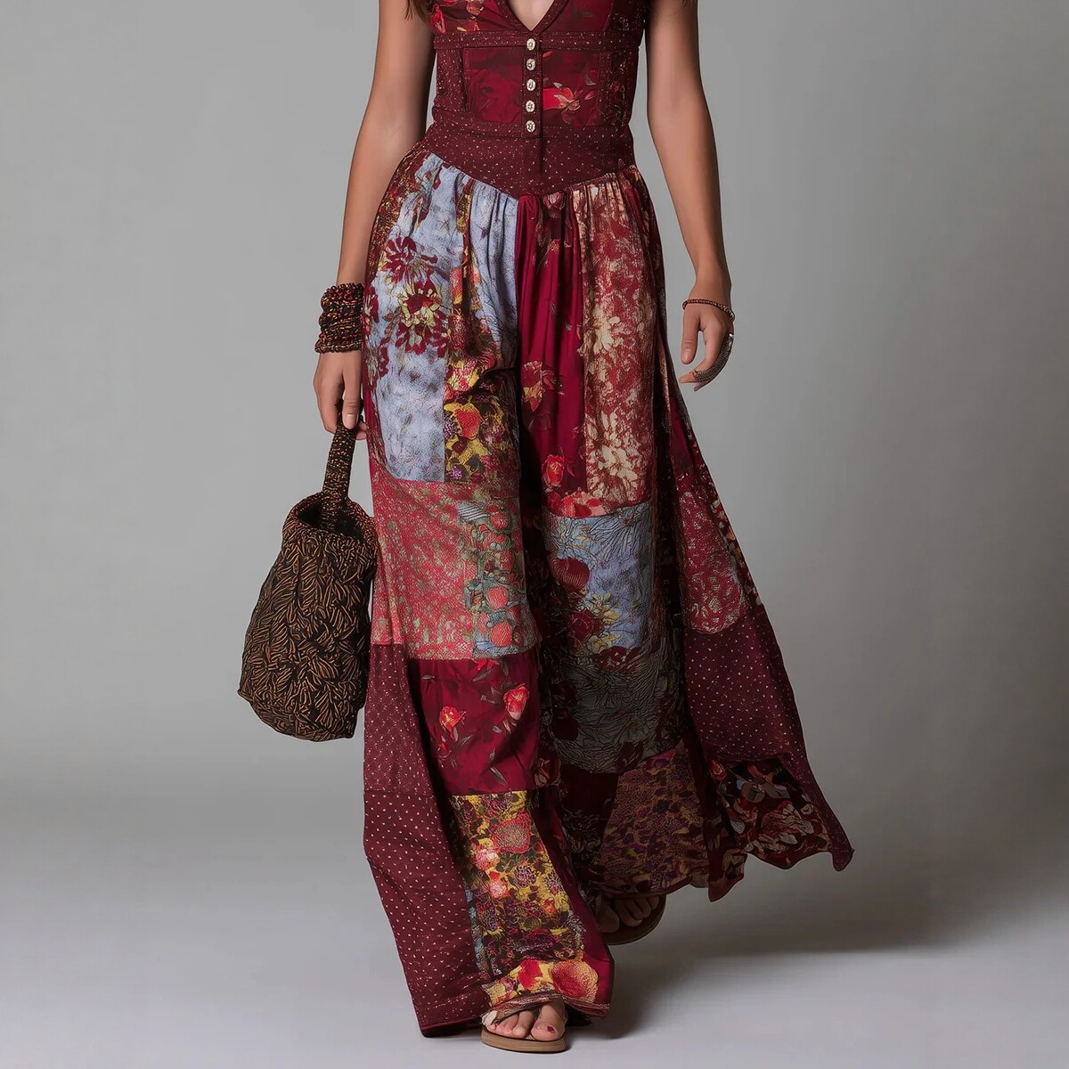V-Neck Printed Patchwork Maxi Dress with Waist-Cinching Flowy Silhouette