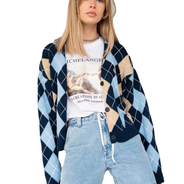 Women's Retro Diamond Pattern Cardigan Long Sleeve Knit Sweater
