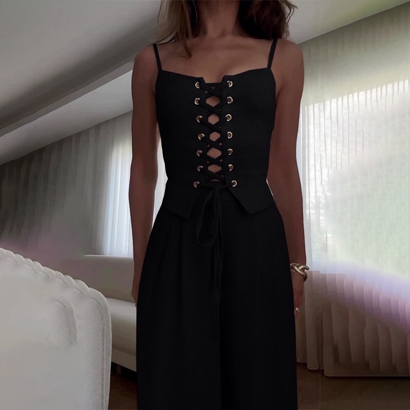 Sleeveless Cutout Lace-Up Top and Wide-Leg Pants Set