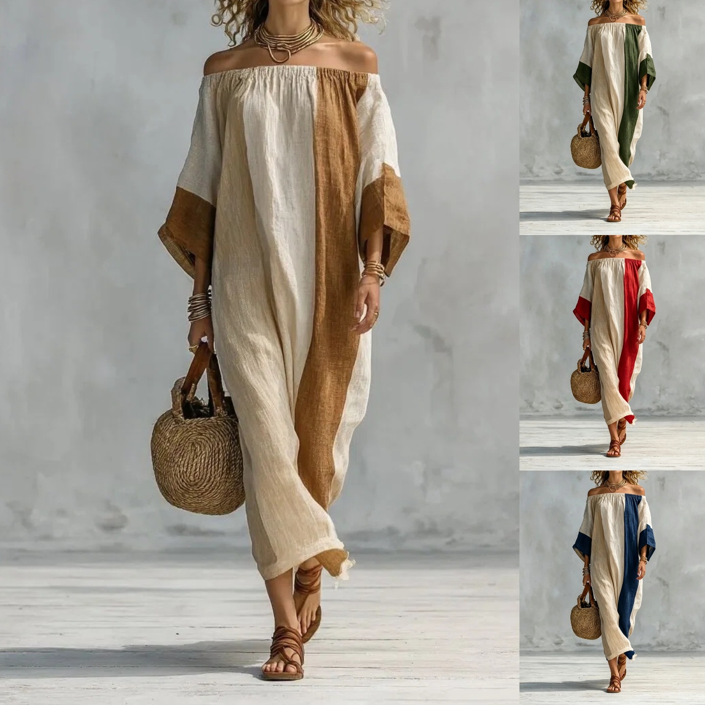 Women's Off-Shoulder Color-Block Long Dress Casual Loose Fit