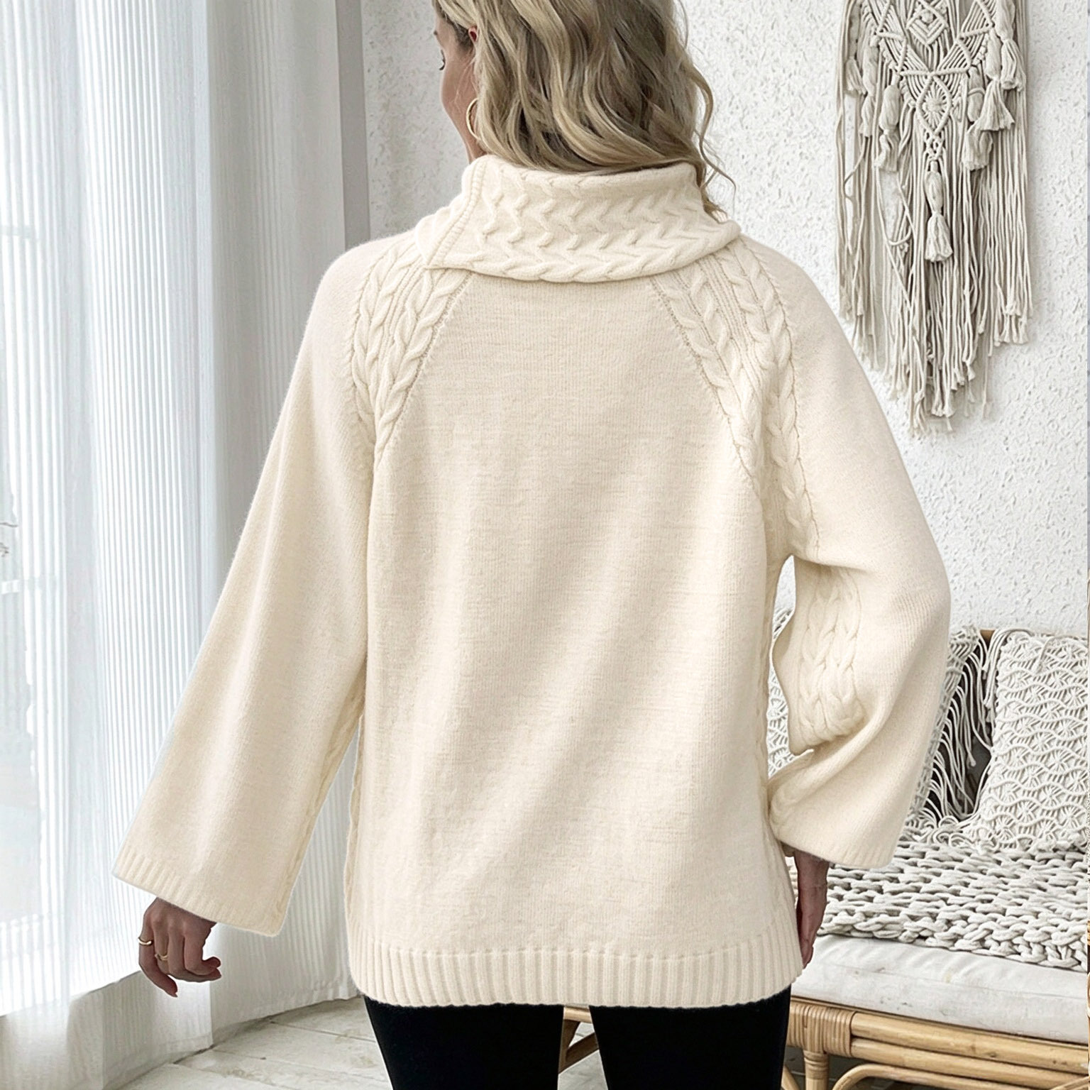 Wheat Stitch Knit Half Turtleneck Sweater with Puff Sleeves