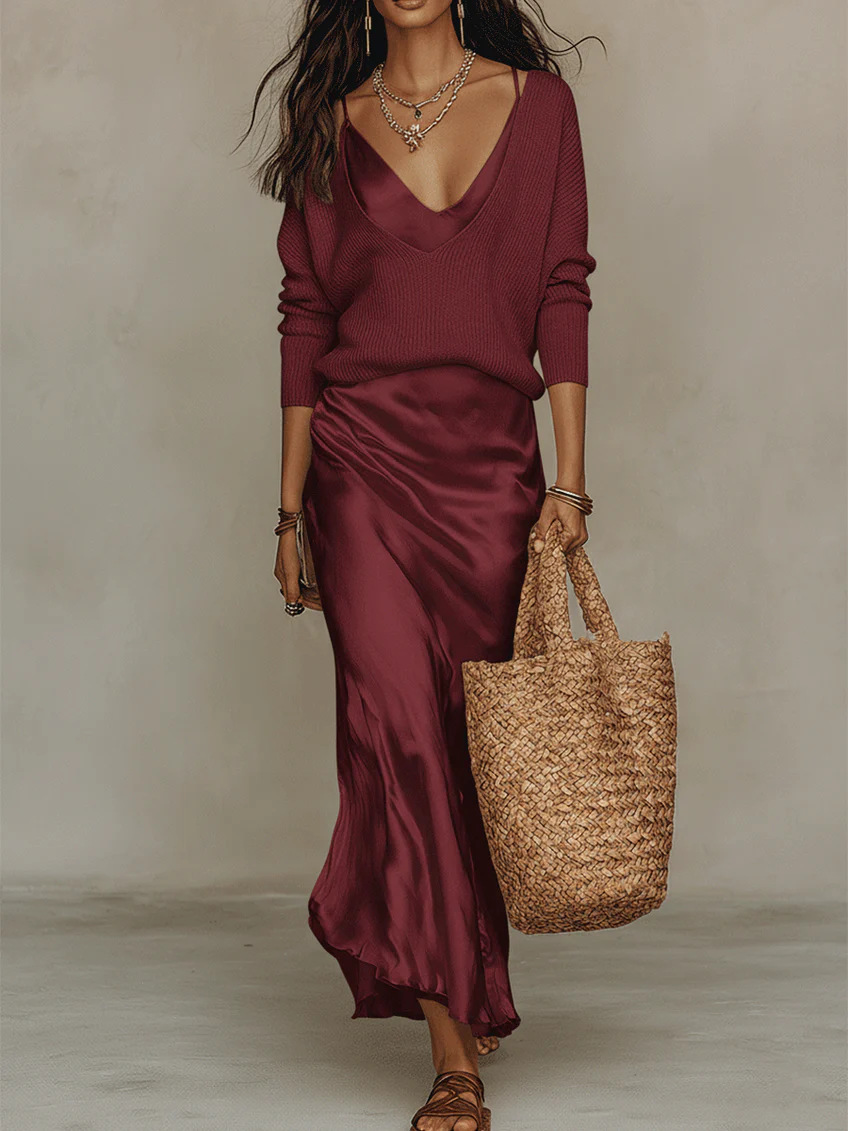 Women's Ribbed Knit Top & Satin Dress 2-Piece Set