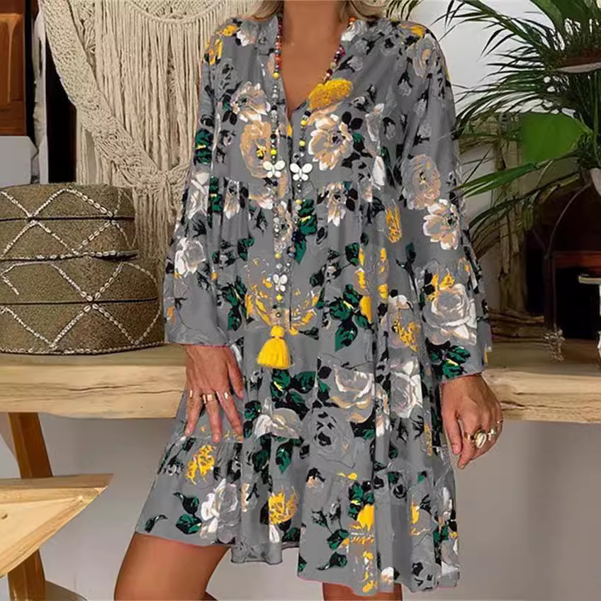 Floral Print 3/4 Sleeve Ruffle A-Line Dress V-Neck Loose Fit