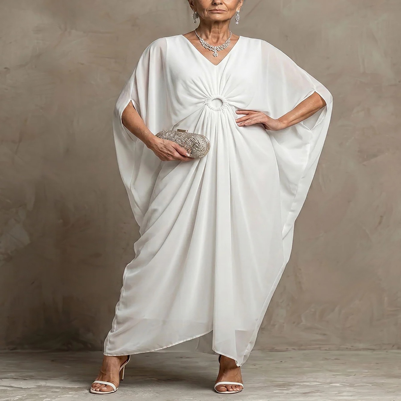 Button Waist Batwing Sleeve V-Neck Midi Dress