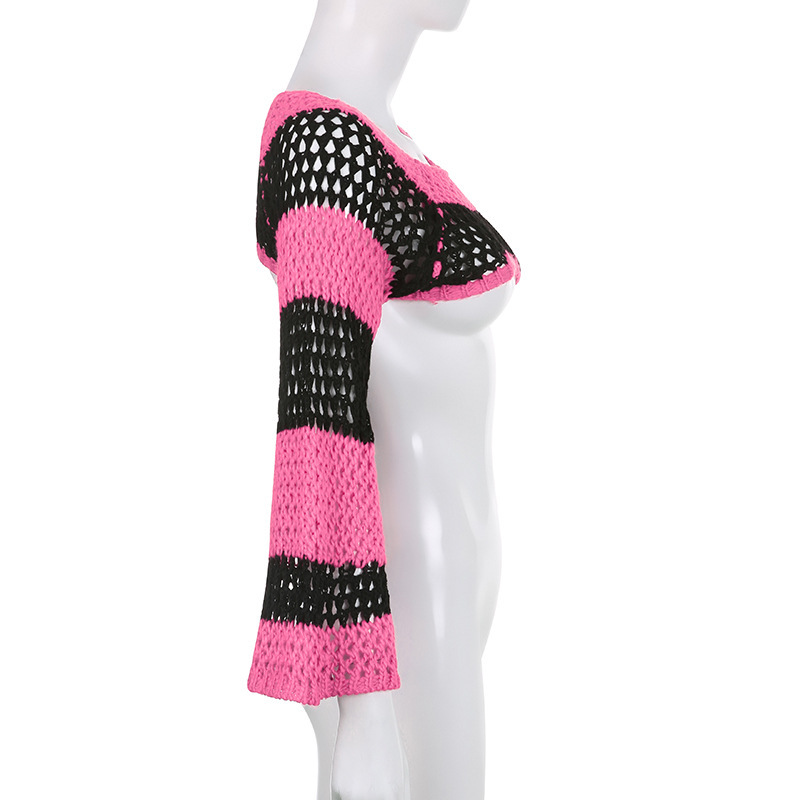 Women's Striped Colorblock Hollow-Out Short Knit Top