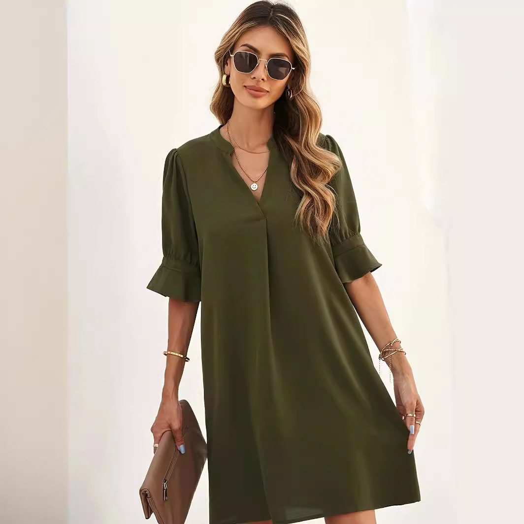 Women's Summer Chiffon Dress Loose Half-Sleeve Solid V-Neck Knee-Length