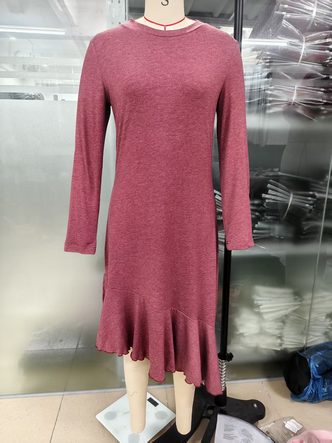 Women's Long Sleeve Round Neck Casual Split Spliced Asymmetrical Dress