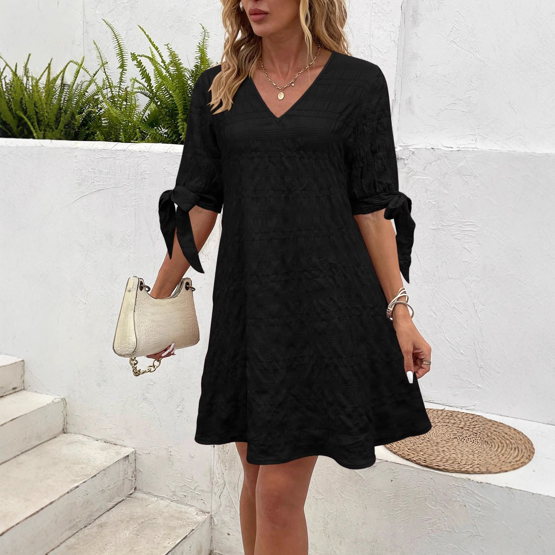 Women's Summer V-Neck Tie Sleeve Solid Casual Dress