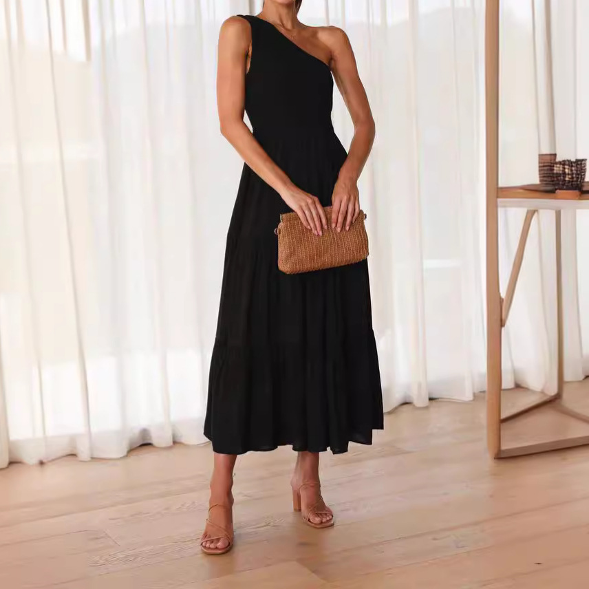 High-Waisted Sleeveless Asymmetric Neck Maxi Dress