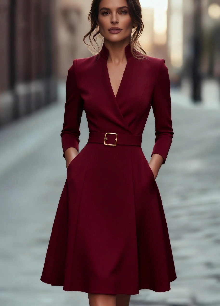 Solid V-Neck Waist-Cinched Long-Sleeve A-Line Midi Dress