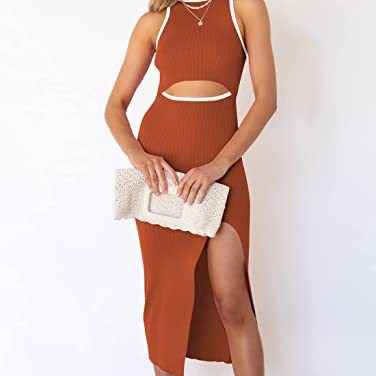 Women's Sleeveless Ribbed Midi Dress with Round Neck and Slit