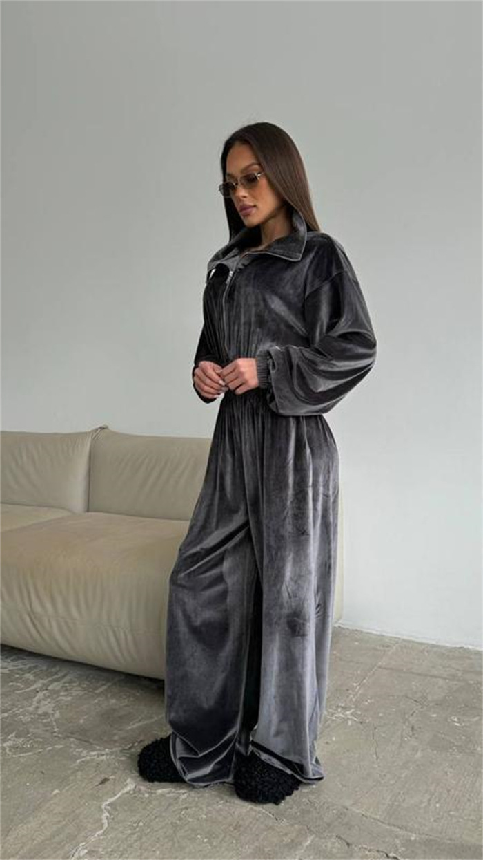 Women's Long Sleeve Jumpsuit with Half Placket and Elastic Waist