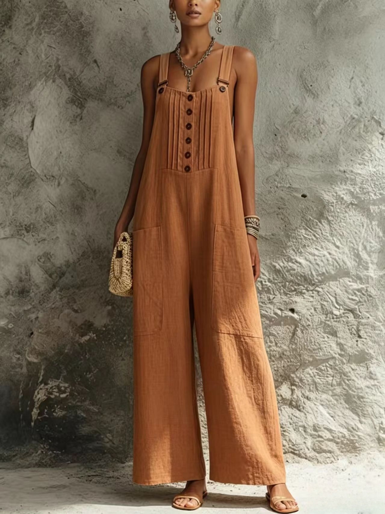 Women's Woven Button Sleeveless Wide-Leg Jumpsuit with Open Back and Pockets