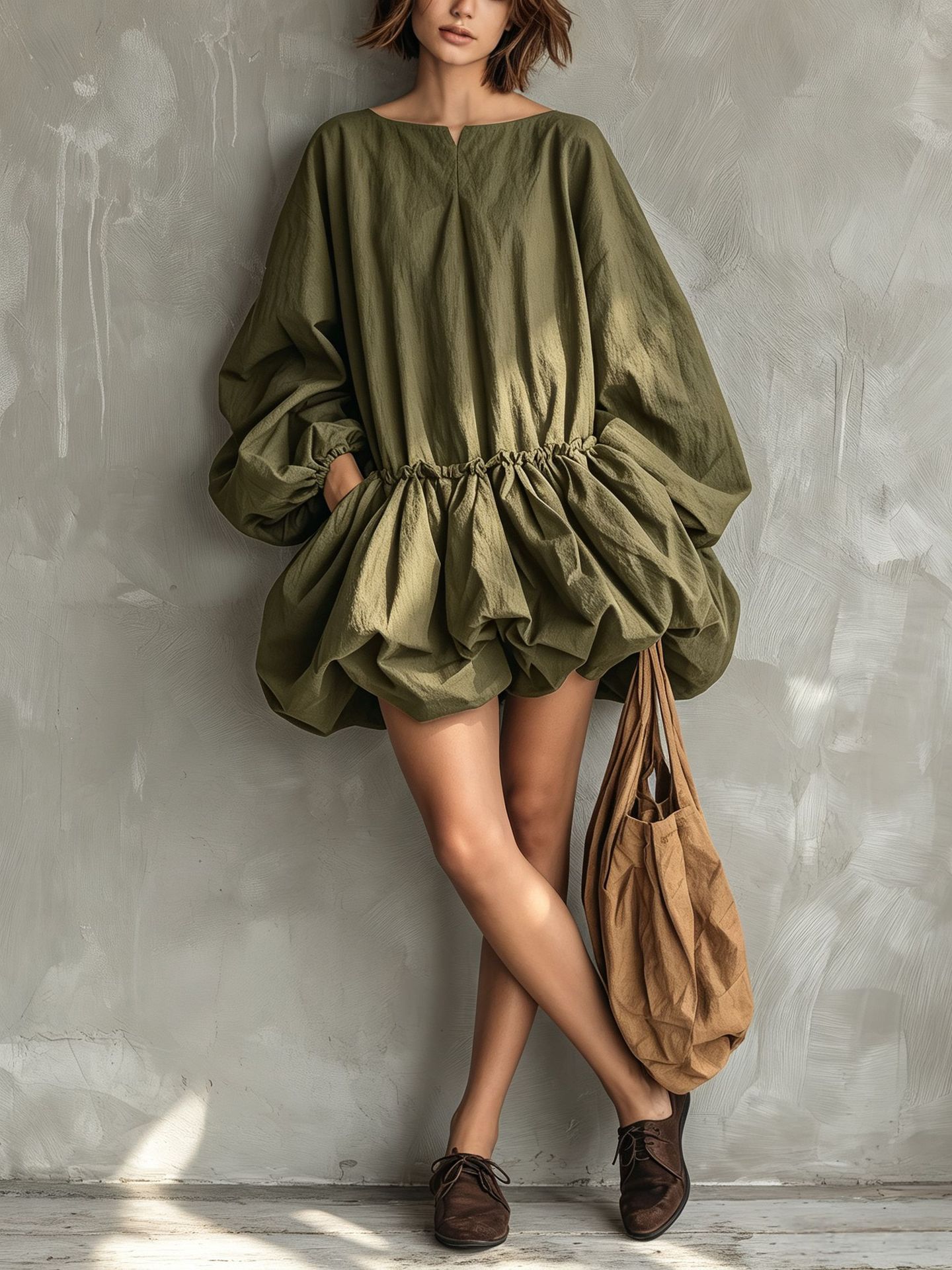 Solid Crewneck Puff Sleeve Long Sleeve Cinched Waist Bubble Dress