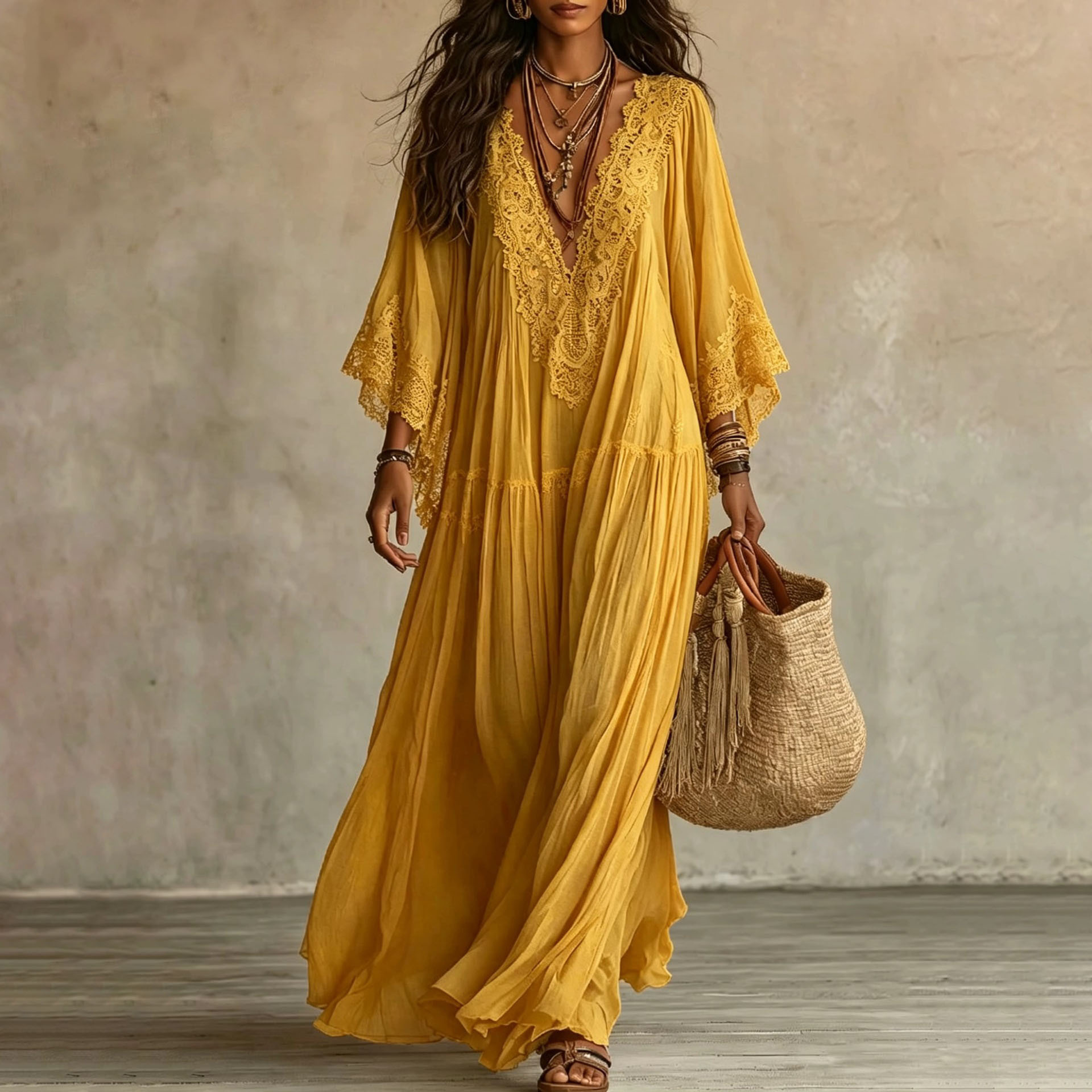 Lace V-Neck Batwing Sleeve Long Dress