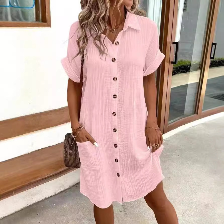 V-Neck Button Cotton-Linen Shirt Dress Women's Casual Vacation Dress