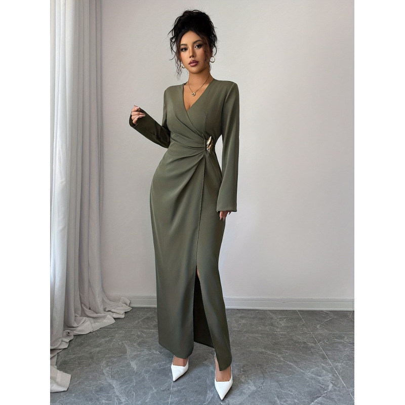 Women's Solid V-Neck Ruched Waist Slit Long Sleeve Dress with Metal Button