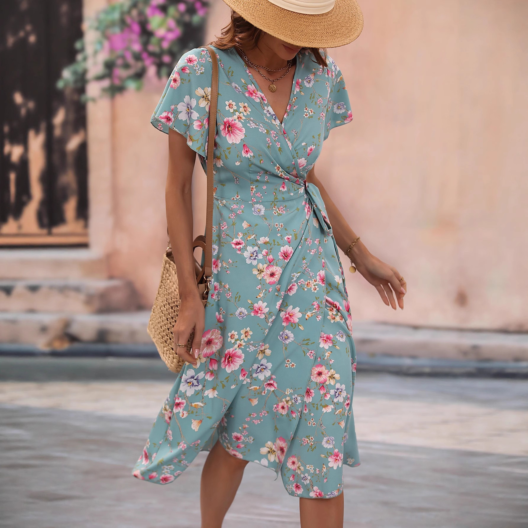 Women's V-Neck Waist-Cinching Floral Chiffon Midi Dress