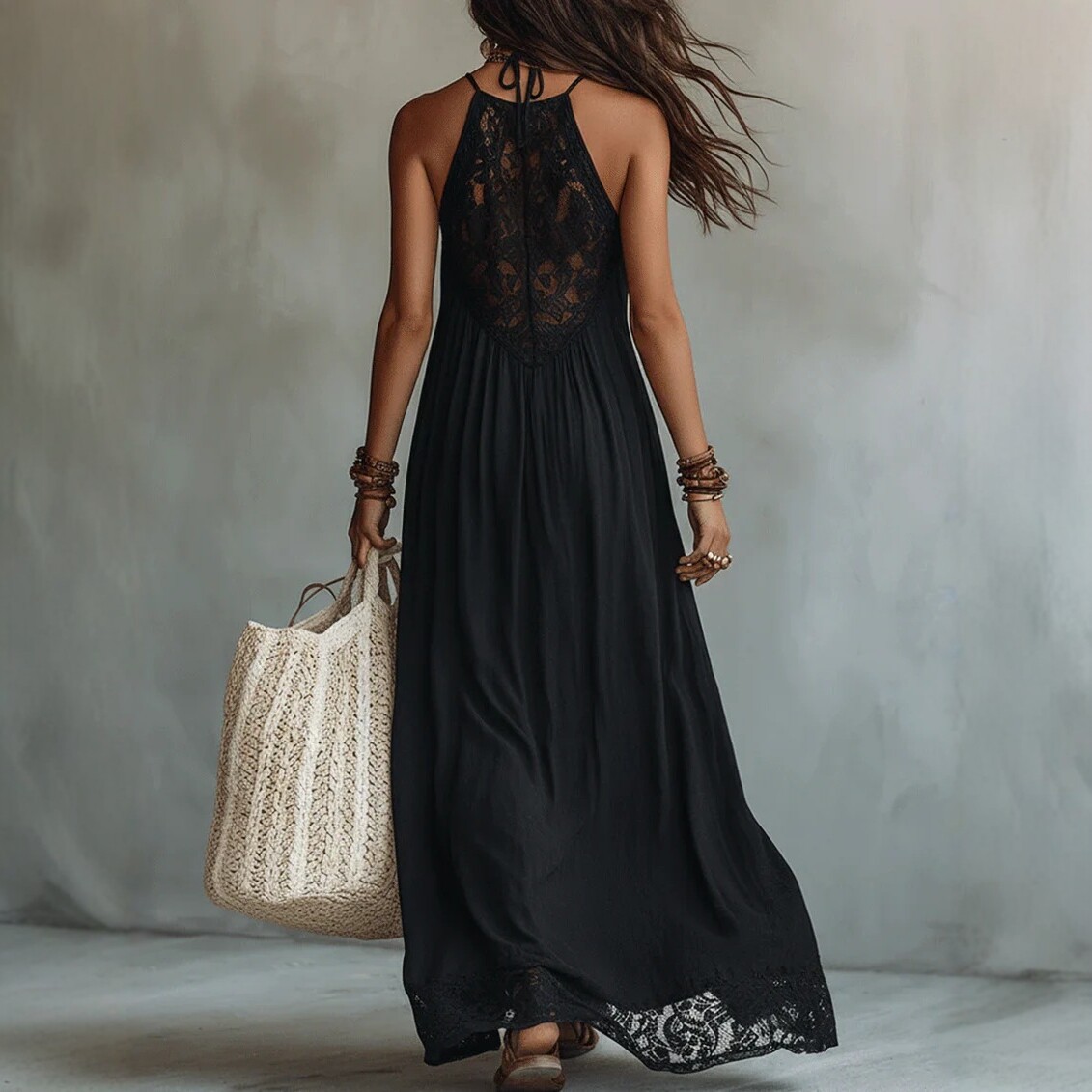 Black Lace Panel Halter Maxi Dress Loose Vacation Dress